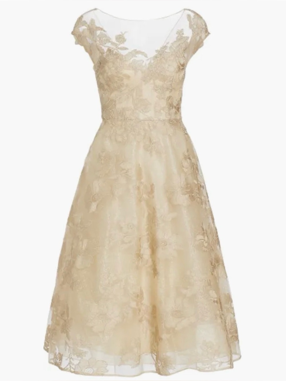 Teri Jon by Rickie Freeman Champagne Metallic Floral-Embroidered Midi-Dress